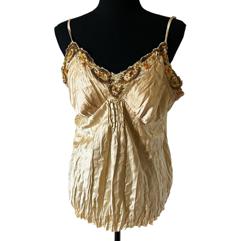 Bisou Bisou‎ Y2K Boho Gold Satin Beaded Gemstone Camisole Top Large
